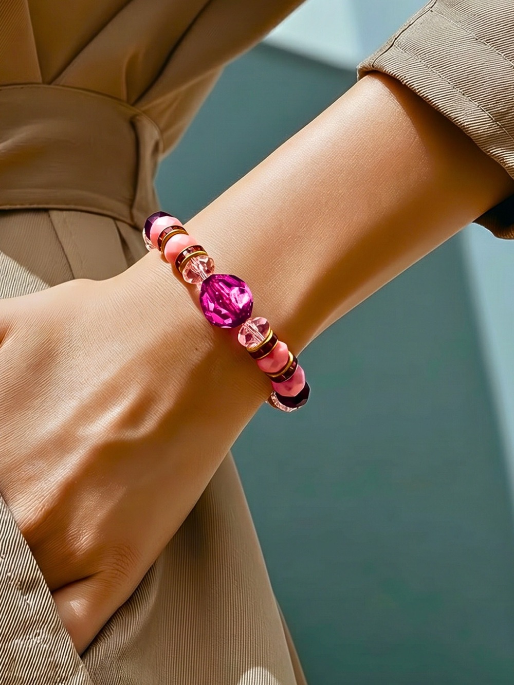 HANDCRAFTED BEAD BRACELET Pink Beads Burgundy Rhinestone Spacers Hook Closure